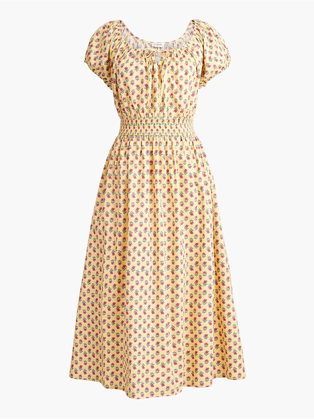 J. Crew Yellow Floral Smocked Midi Dress with Puff Sleeves